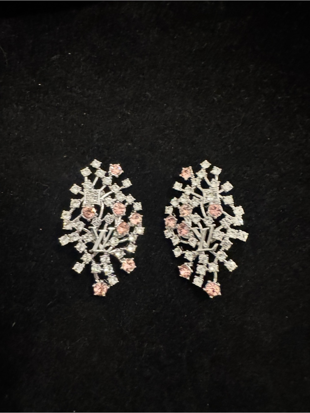 Louis Vuitton Silver-Tone Floral Crystal Earrings with Pink Accents